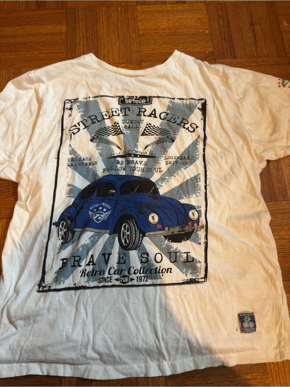 Brave Soul White Short-Sleeve Tee with Blue Retro Car Graphic